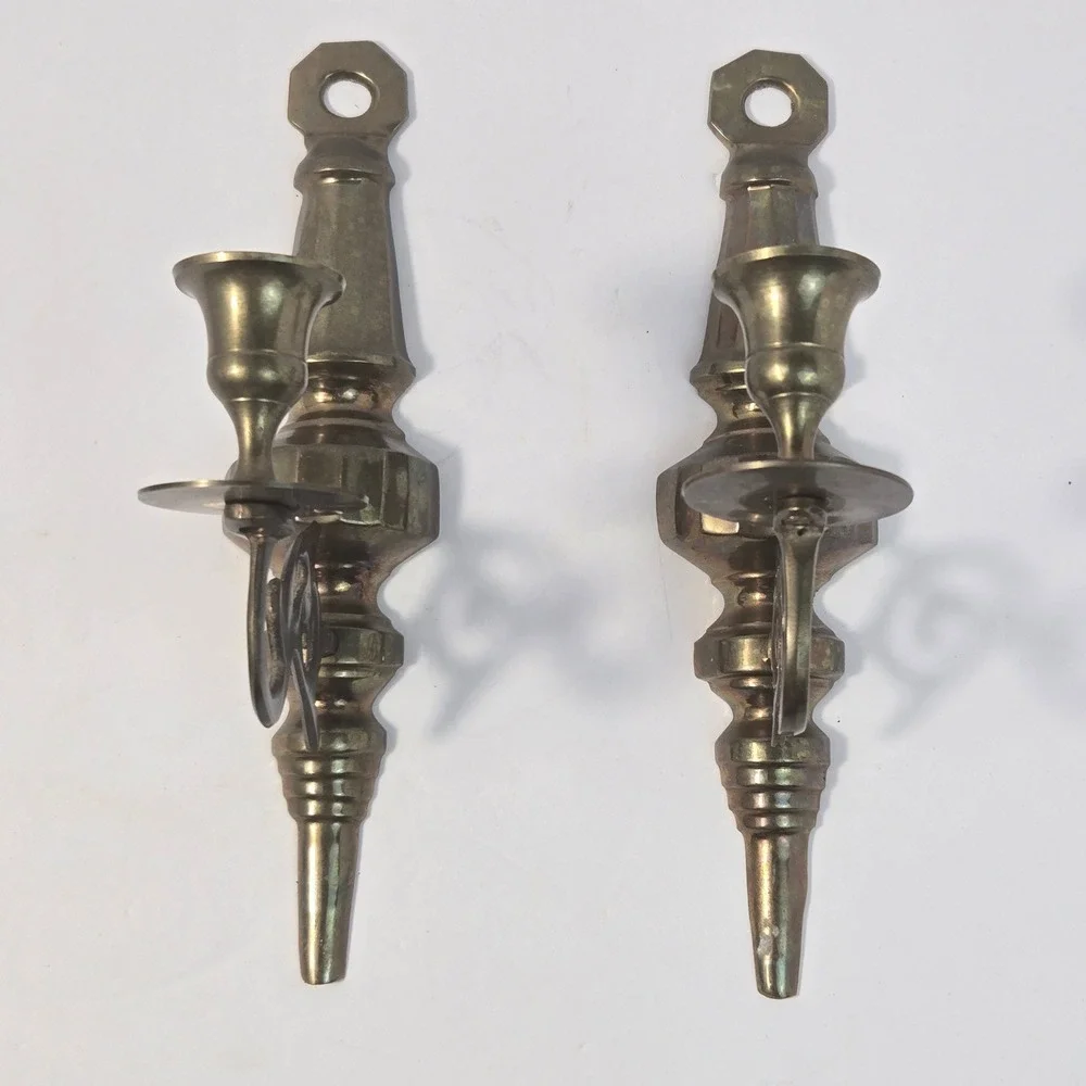 Vintage Solid Brass Wall Sconce Candle Holders Set of 2 Ornate Scroll Arm 10.5